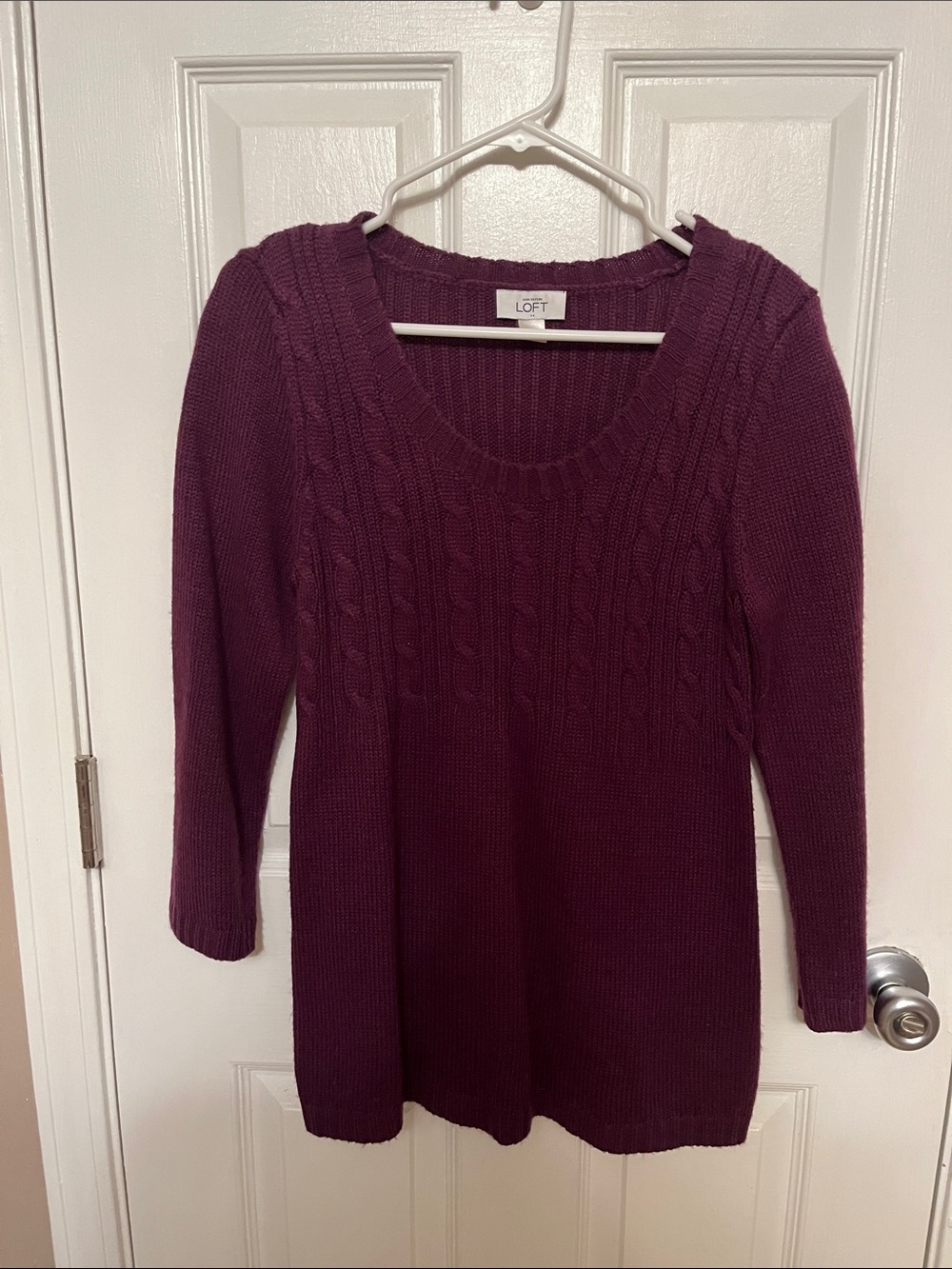 LOFT Cable-Knit Scoop Neck Sweater in Deep Plum